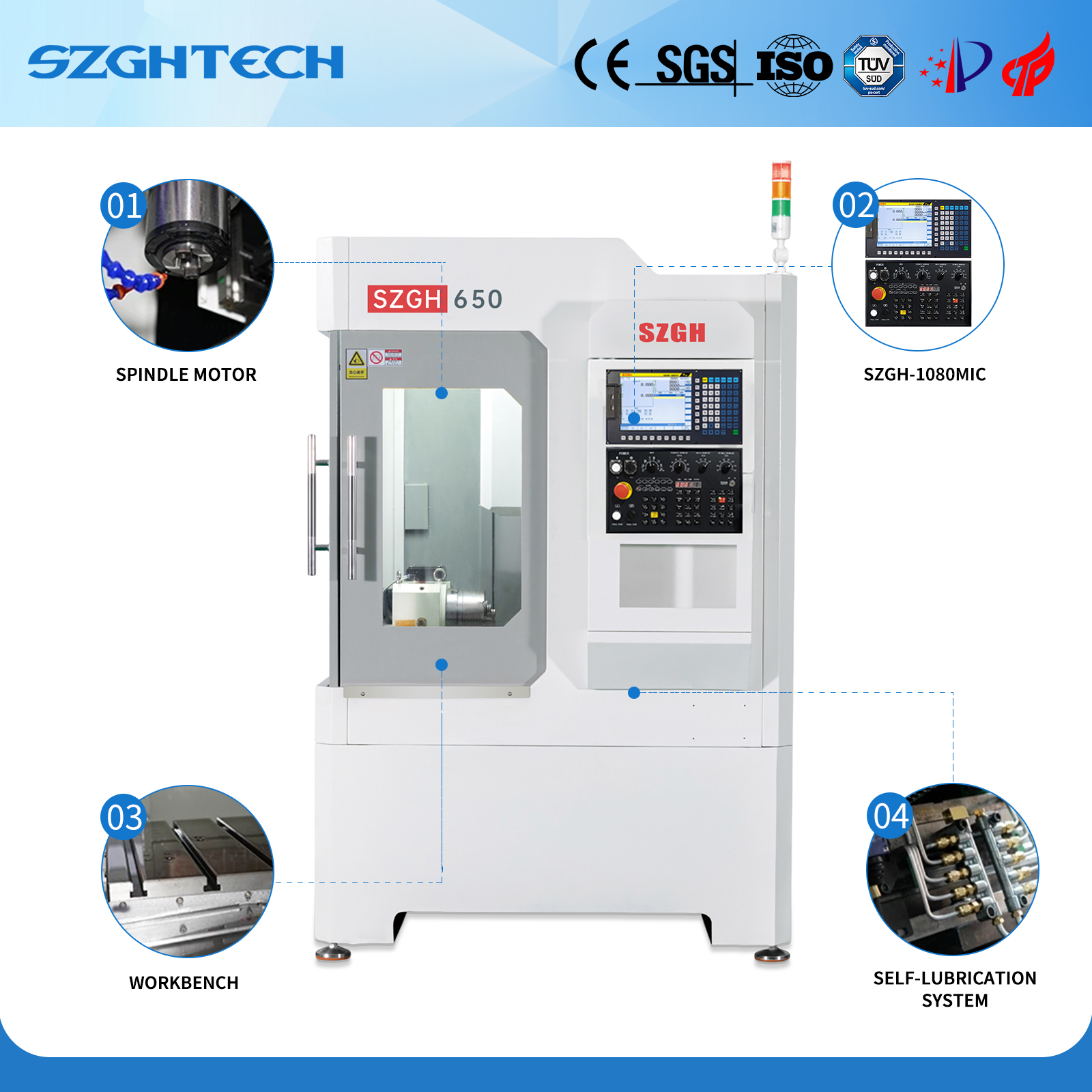 The SZGH-650 milling machine is suitable for machining copper, iron, aluminum, and stainless steel workpieces up to 600mm x 500mm. It can efficiently complete tapping operations up to 30mm and drilling holes in stainless steel up to 20mm. It can process a variety of shapes, including square and round, to meet diverse processing needs.
